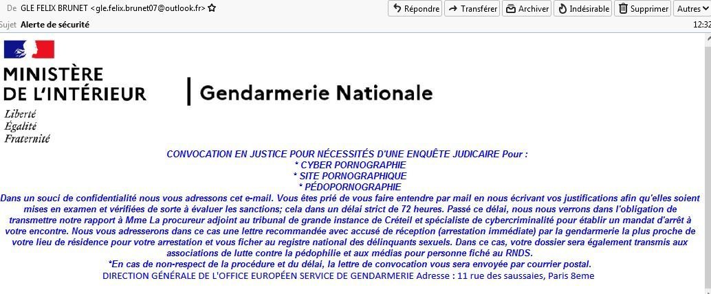 j'ai recu un mail de la gendarmerie