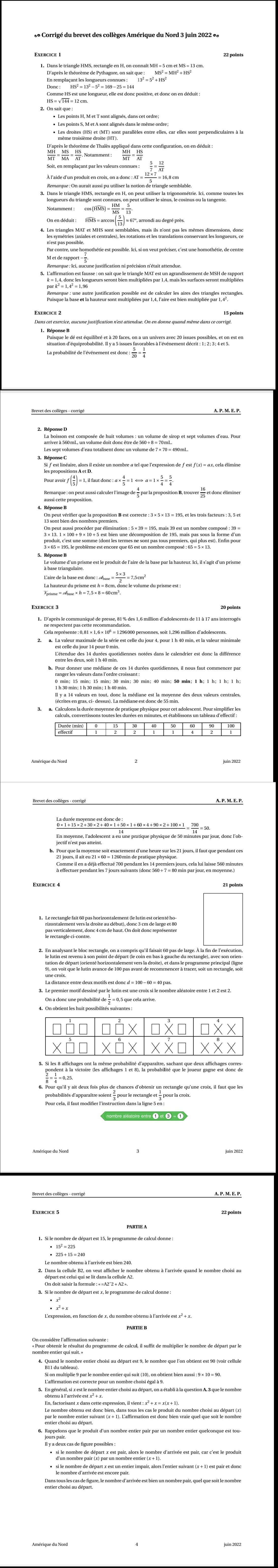 Brevet Math 2022 Amerique Du Nord