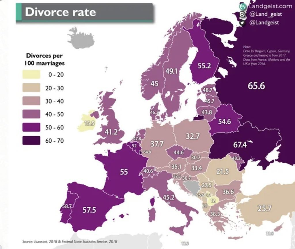 Voici la carte avec le taux de DIVORCE en Europe sur Onche