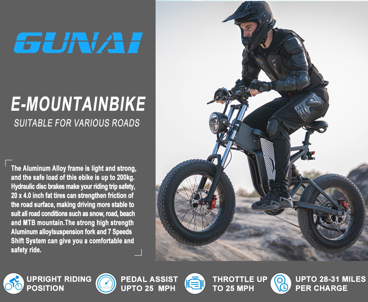 Gunai - Vélo électrique Adulte 20X4.0 Vtt Electrique Fat bike
