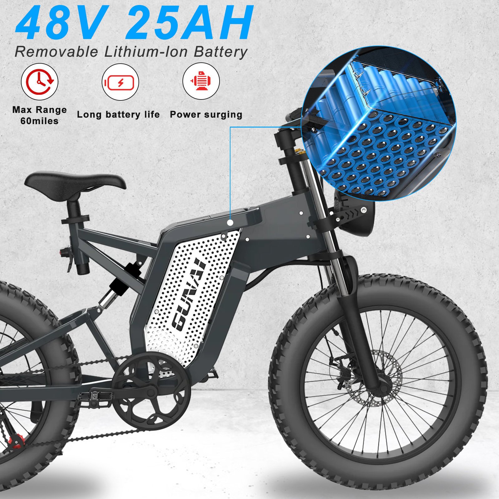 Gunai - Vélo électrique Adulte 20X4.0 Vtt Electrique Fat bike Tout-terrain 1000W  48V 25AH - MX25 - Noir Mat - Vélo électrique - Rue du Commerce