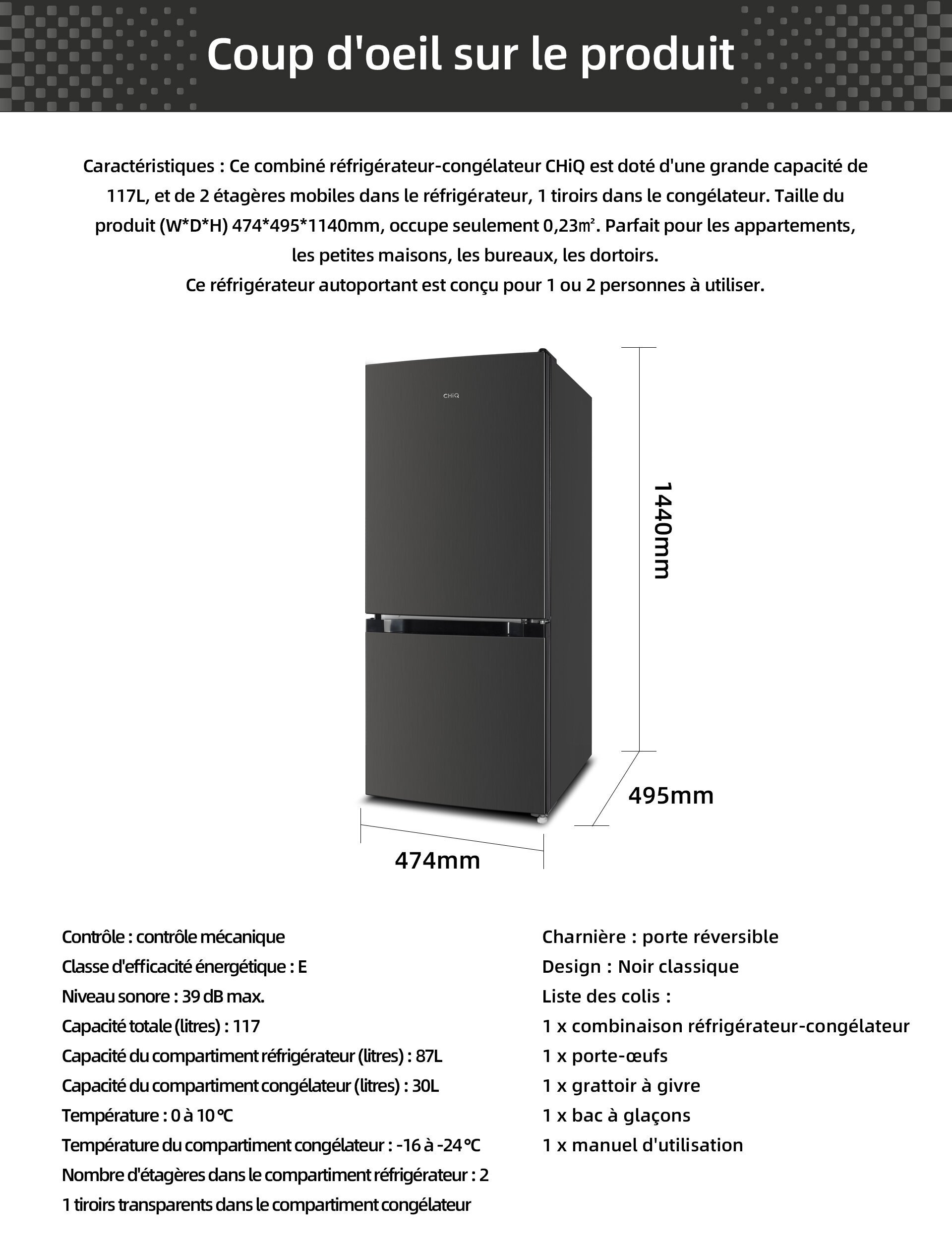 CHiQ réfrigérateur congélateur bas FBM117L 117L (87+30), low frost, A+, 38  db, 12 ans de garantie sur le compresseur - Achat / Vente réfrigérateur  classique CHiQ réfrigérateur congélateur bas FBM117L 117L (87+30)