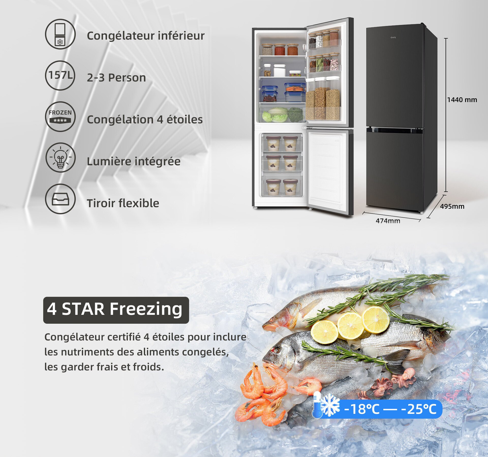 CHiQ réfrigérateur congélateur bas FBM157L42 157L (109+48