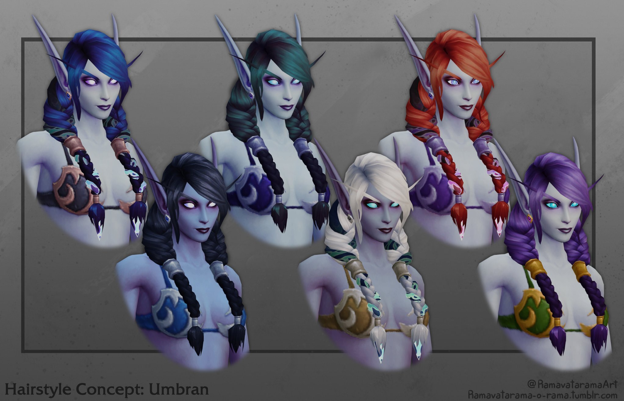 Female Night Elves are lacking long hairstyle options currently. Could we  please have more long hairstyles? The ones on the picture look pretty  amazing and could be used as an inspiration :