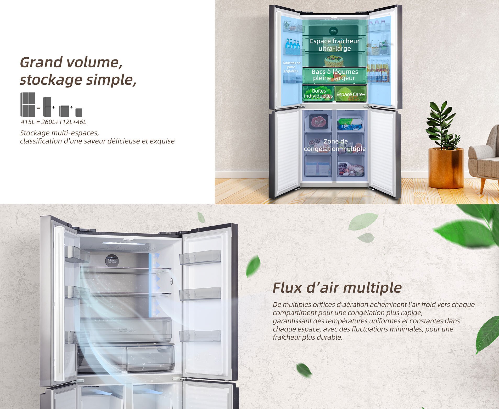 Refrigerateur congelateur en bas Changhong Réfrigérateur américain  multiportes CHiQ, CCD415NEI4E, capacité 415L, Compresseur Smart Inverter,  Inox foncé épuré, Température Care+, Contrôle de