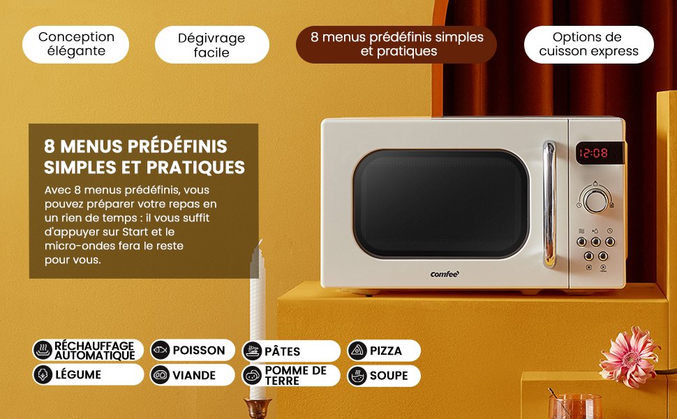 COMFEE Retro Microwave CMSRO 20di Cr with 8 Rutomatic Renus, 5 Cooking Settings, Express Cooker, 20 L, 800 W, Apricot Cream