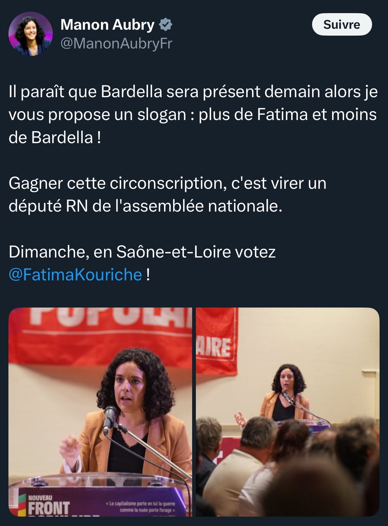 [PHOTO] Le slogan de Manon AUBRY : "Plus de Fatima et moins de Bardella !"