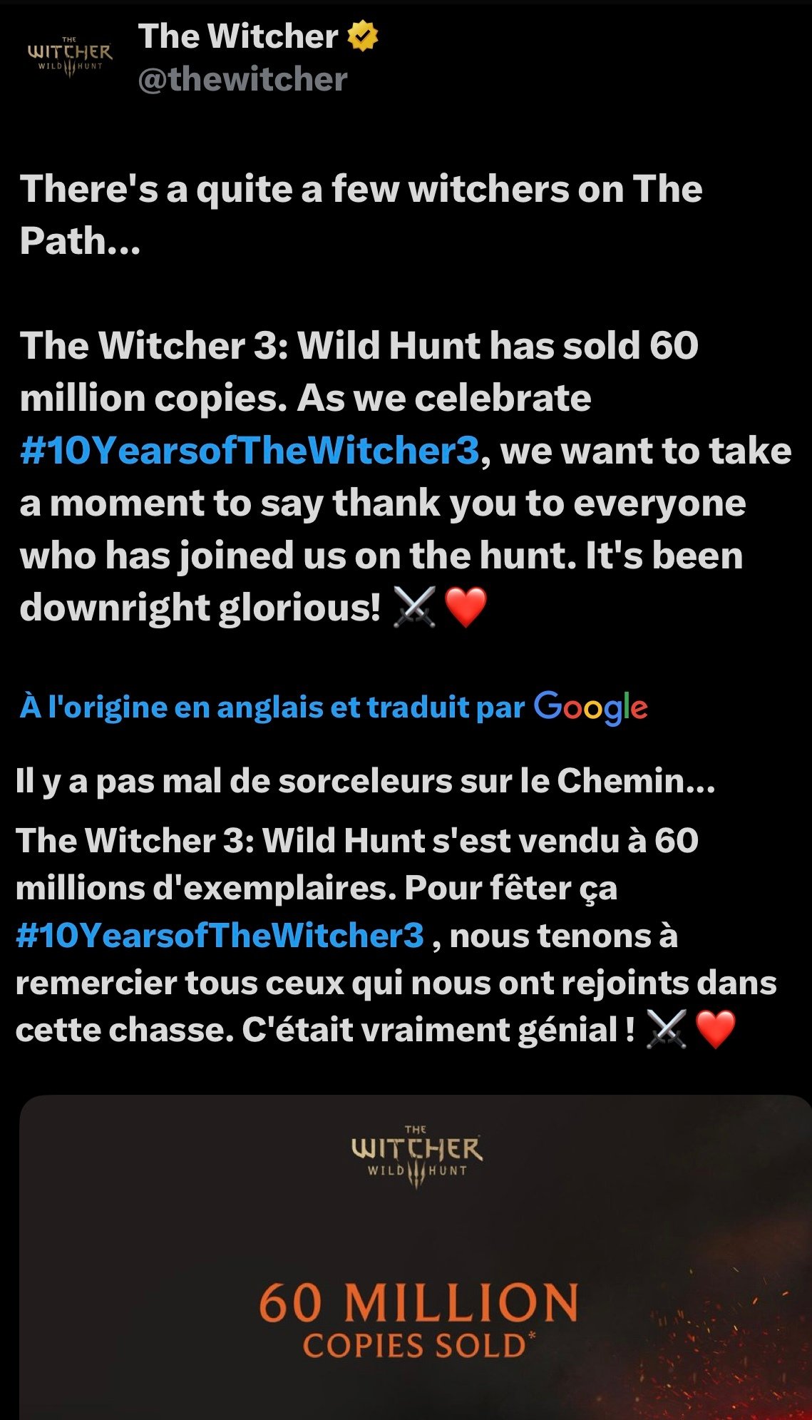 The Witcher 3 devient le 8ème jeu le plus vendu de tout les temps (60 millions de vente)