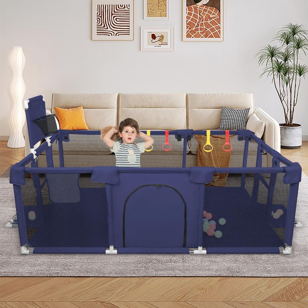 Parc Bébé XXL Pliable 180x120x66cm Bleu Marine - Modulable Avec Filets, 50 Balles Océaniques Et 4 Poignées, Playpen Extra Grand Pour Enfants