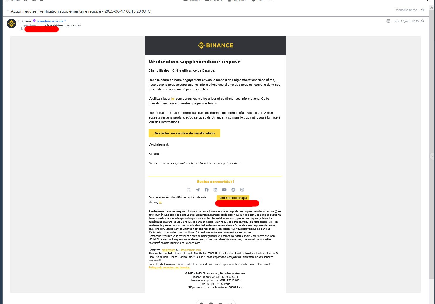 [ALERTE] Scam Binance par mail avec code anti-phising --> VIGILANCE sur ...