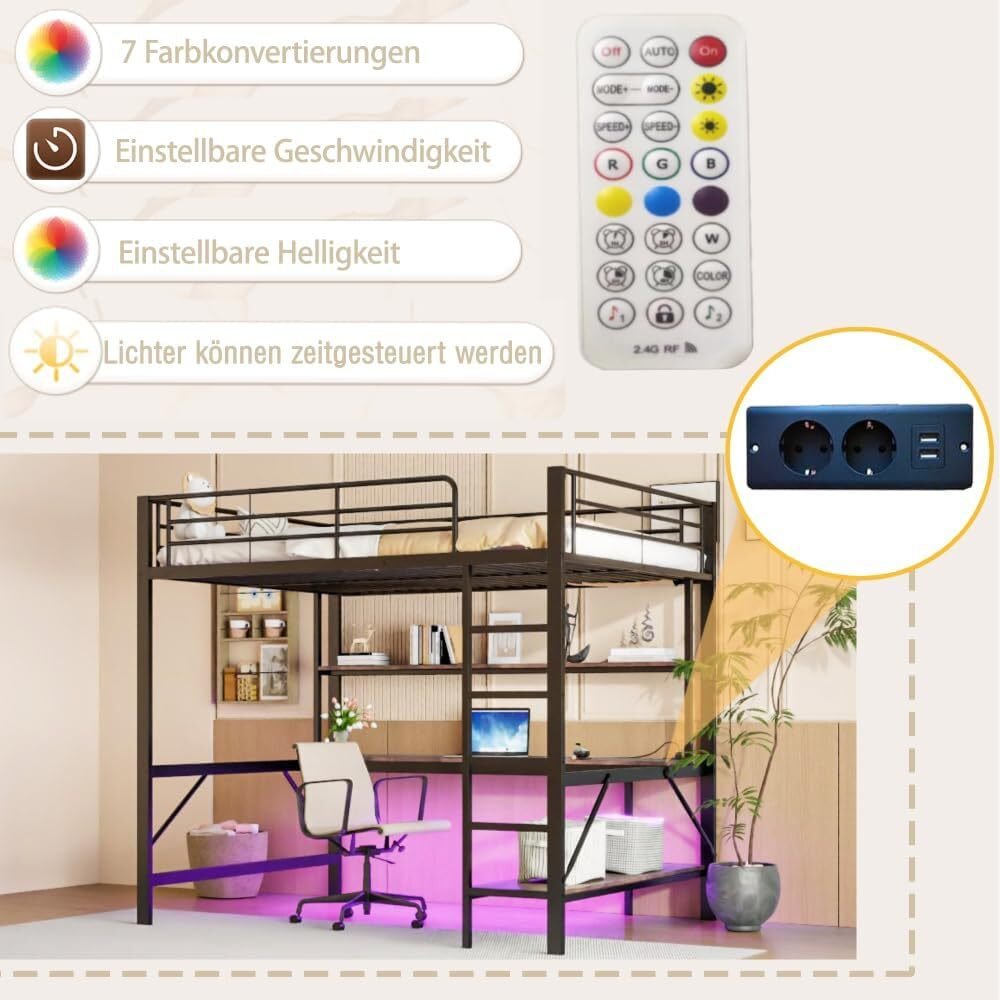 Lit Mezzanine Enfant/ado Avec Bureau Et Rangements – 140x200 Cm, LED, Ports USB/Type-C