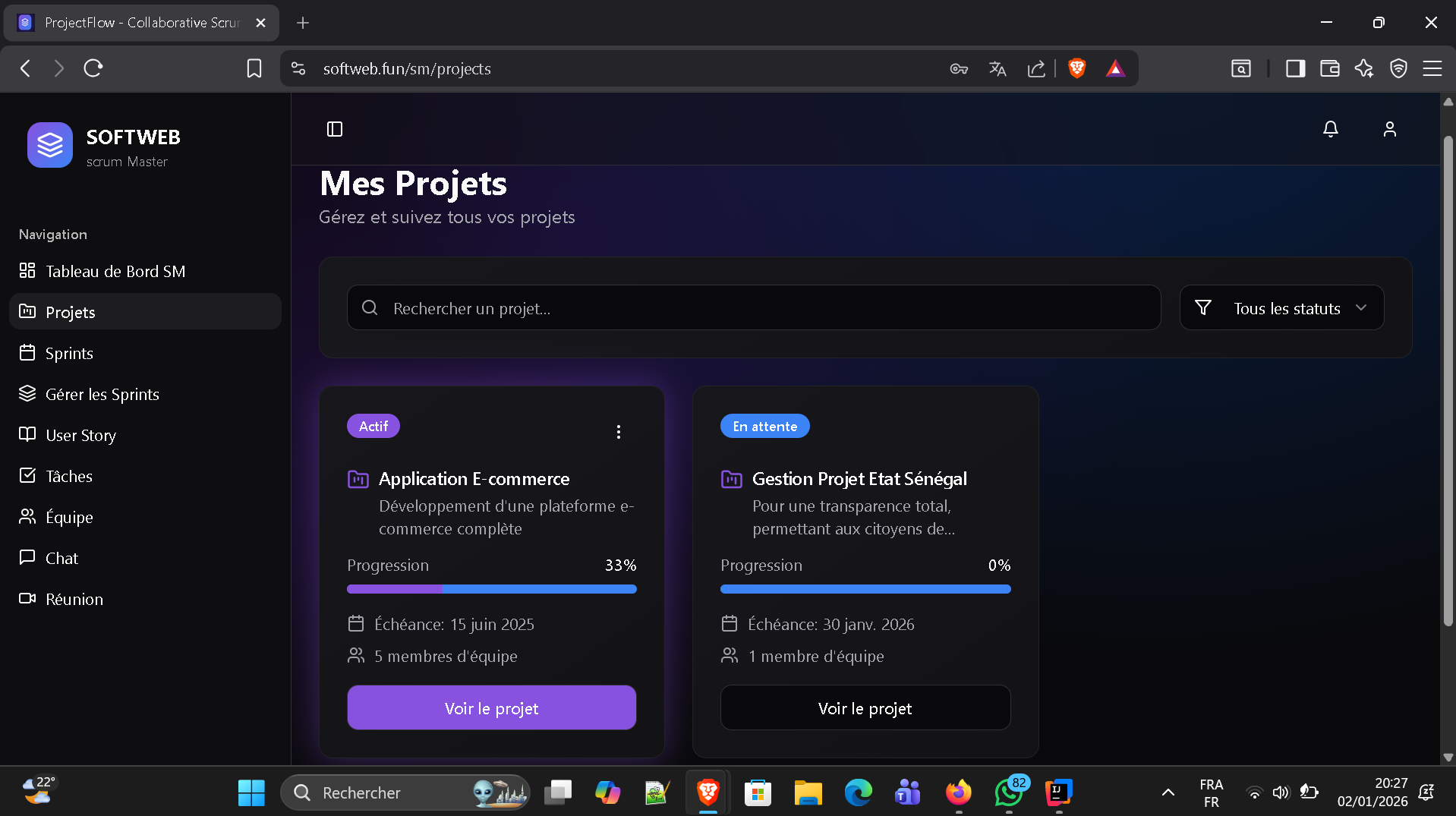 Aperçu du projet Plateforme collaborative SoftWeb