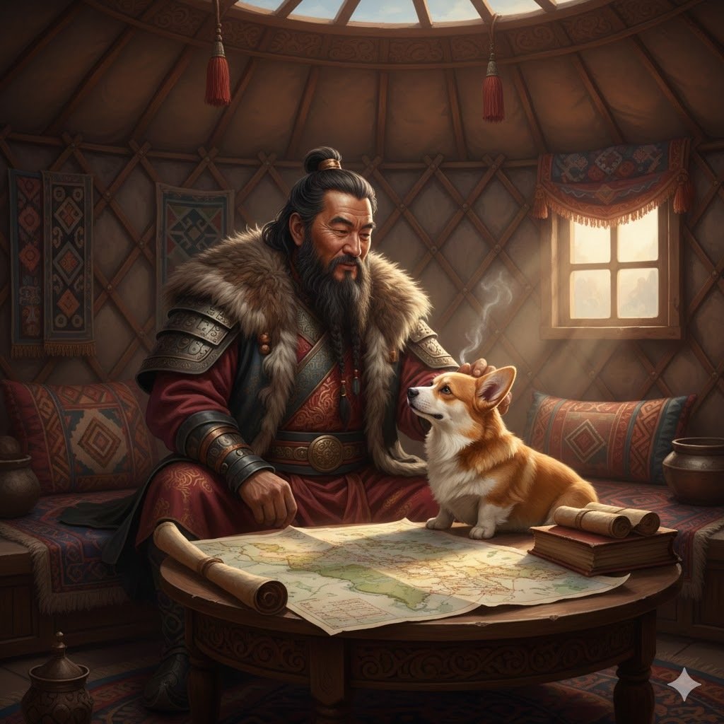 Gengis Khan et son Corgi dans une yourte