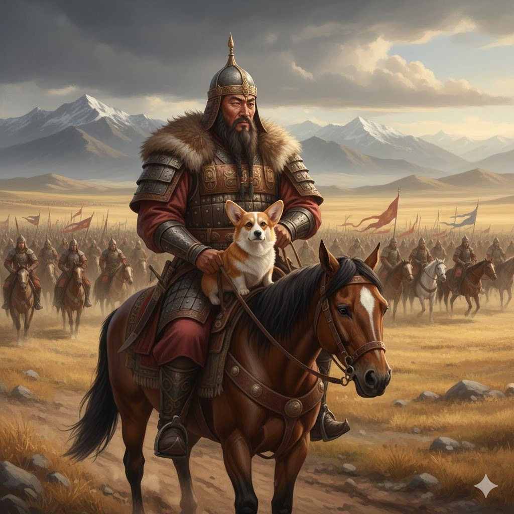 Le Corgi sur le cheval de Gengis Khan