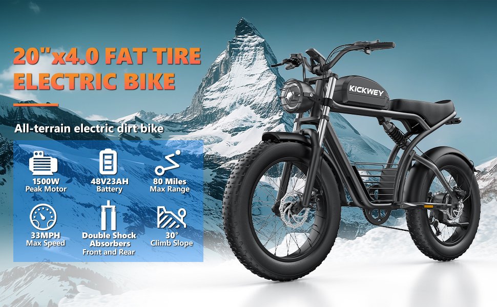 Kickwey K7 48V 1500W Electric Bike 20 Fat Tire Ebike 33MPH 80 Mile