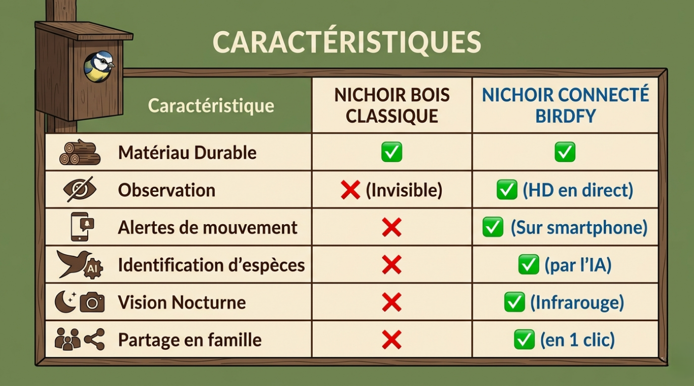 Comparatif nichoir oiseaux classique vs nichoir connecté Birdfy caméra