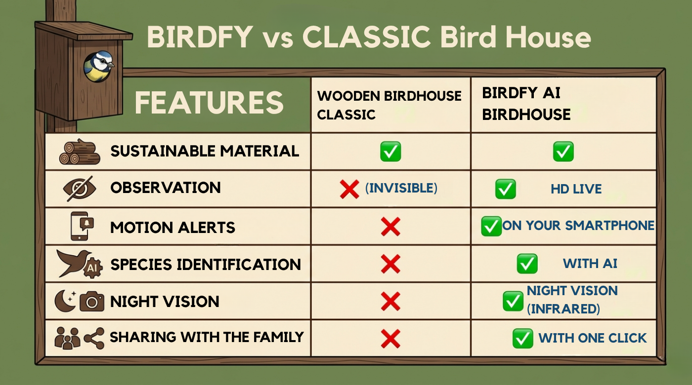 Comparison between a classic birdhouse and a Birdfy smart camera birdhouse