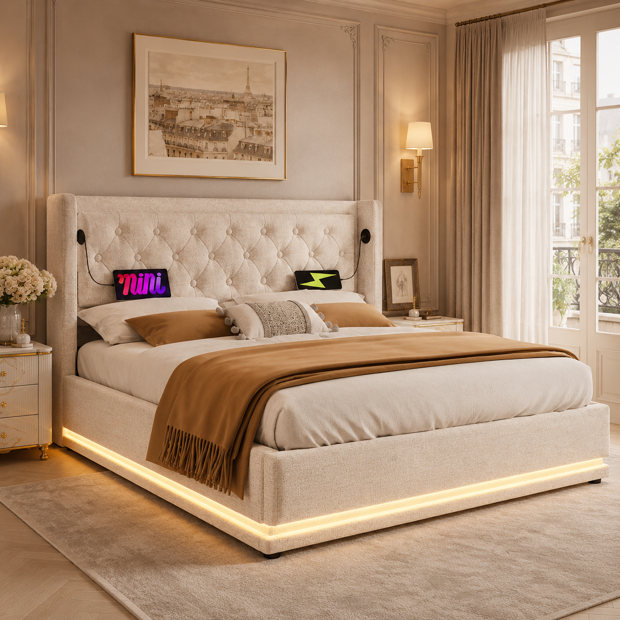 Lit capitonné avec éclairage LED et ports de charge intégrés
