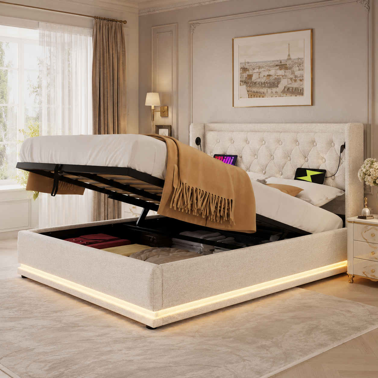 Lit coffre ouvert avec rangement hydraulique sous le couchage