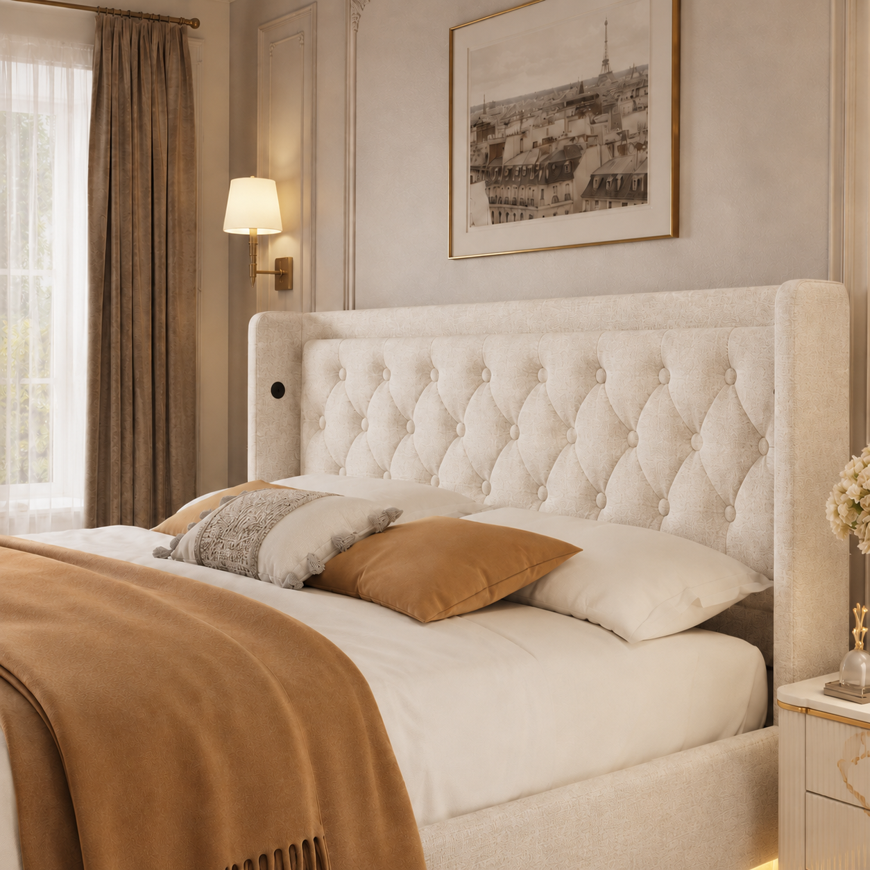 Détail de la tête de lit capitonnée avec côtés enveloppants