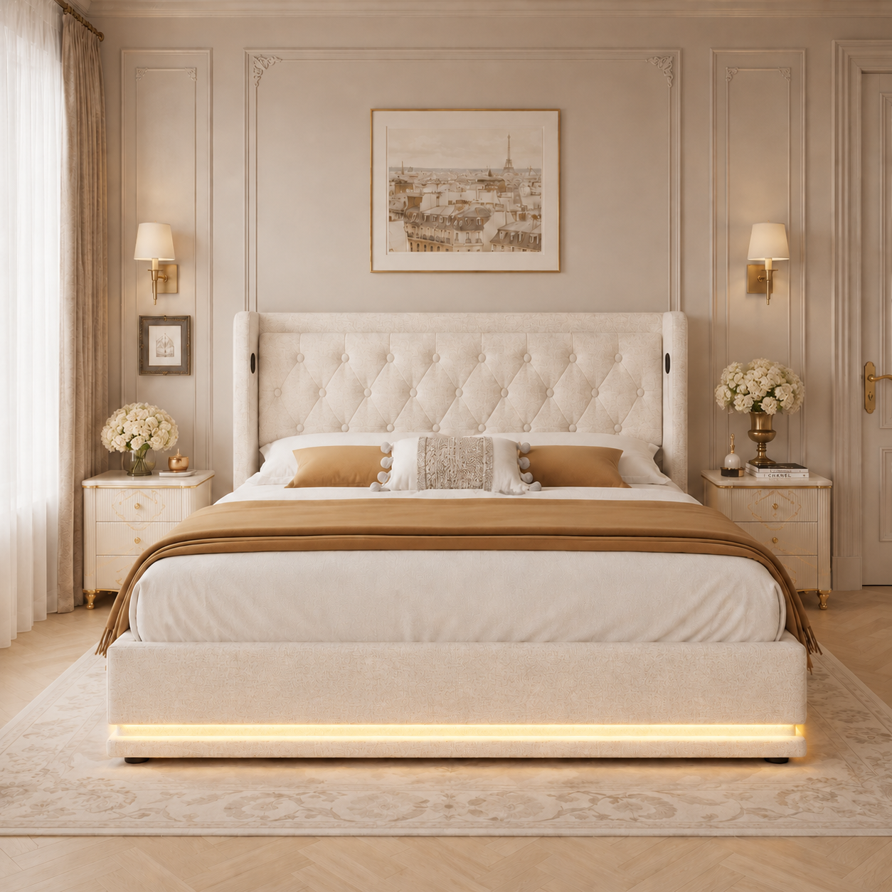 Lit coffre capitonné beige 180 x 200 cm dans une chambre élégante