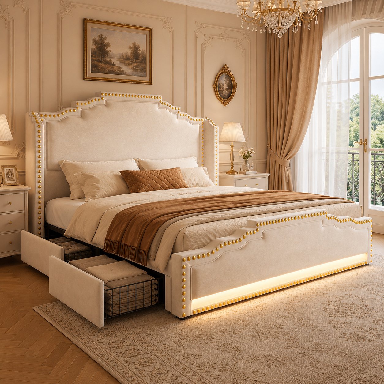 Lit capitonné beige 180 x 200 cm avec tiroirs et éclairage LED