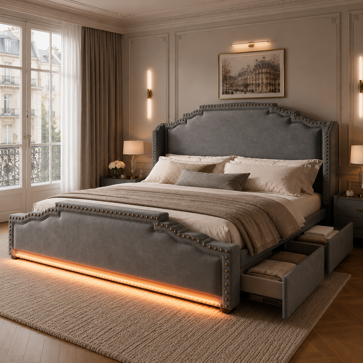 Lit capitonné gris 180 x 200 cm avec détails dorés et éclairage LED