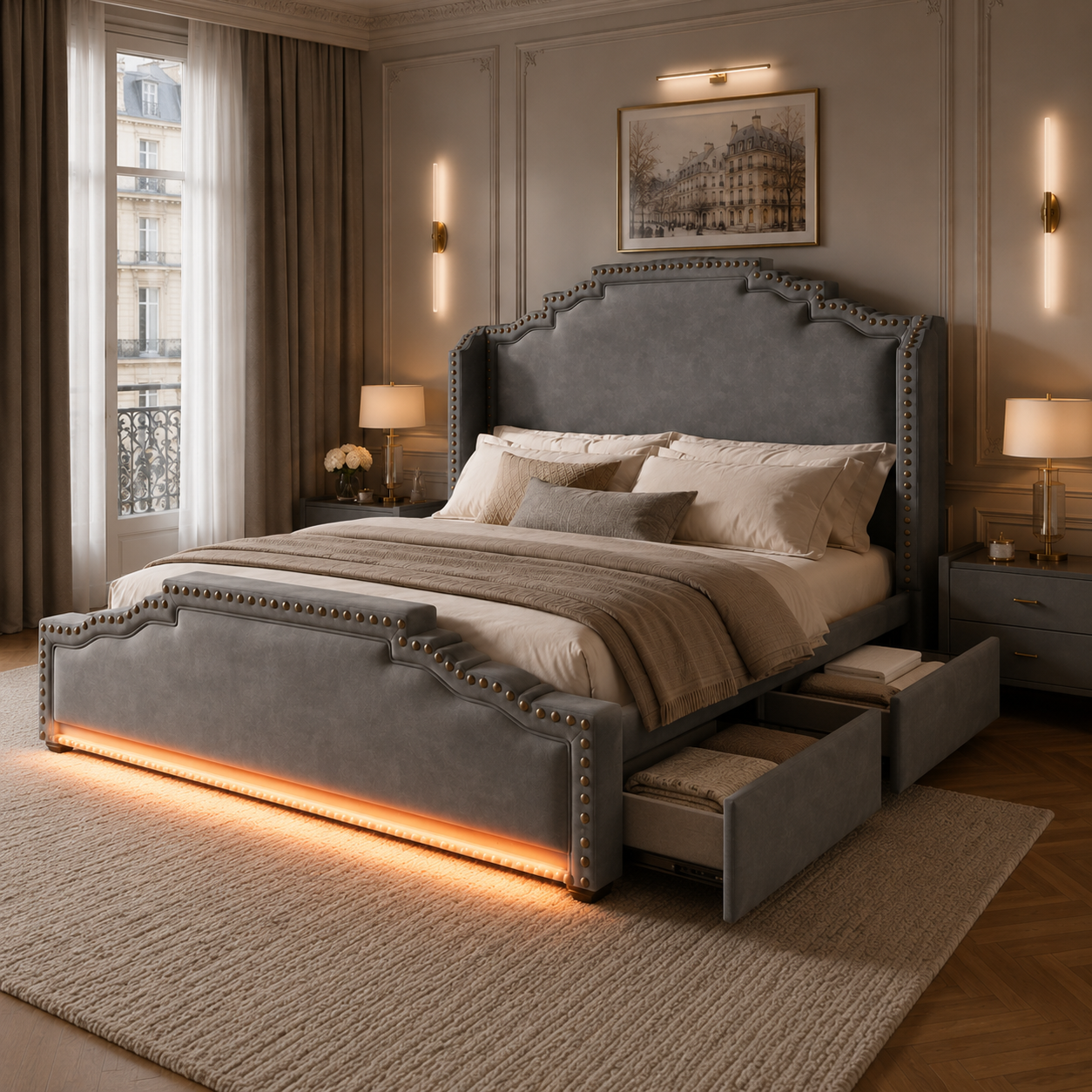 Lit capitonné gris 180 x 200 cm avec détails dorés et éclairage LED
