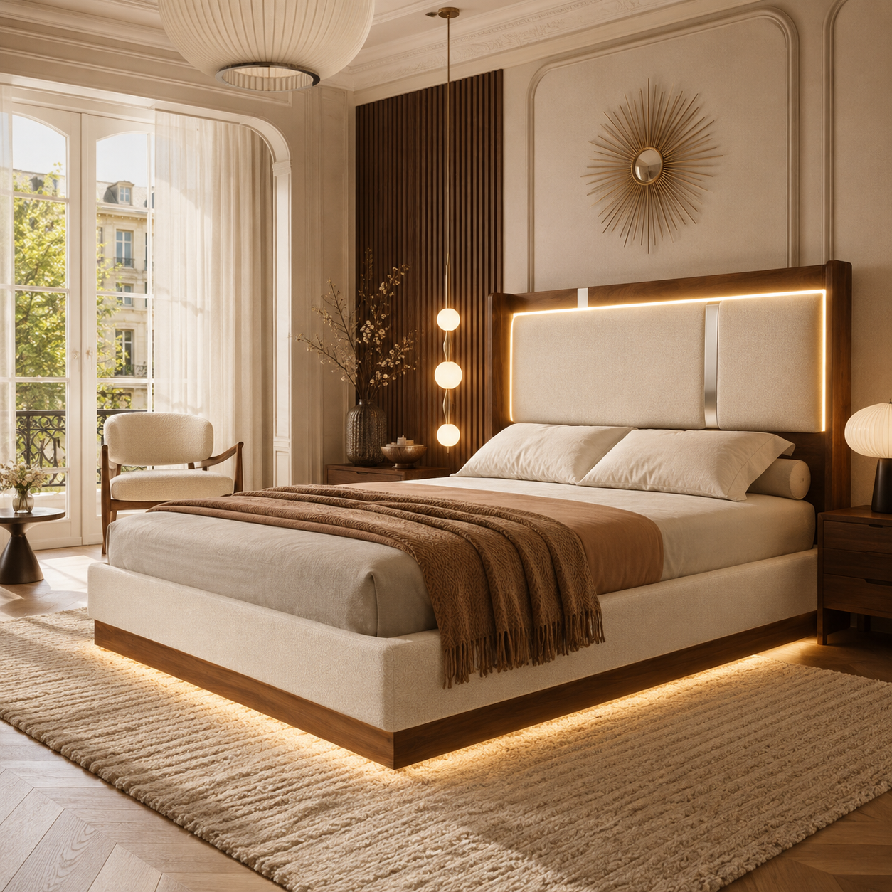 Lit coffre 140x190 cm en lin beige avec finition effet noyer