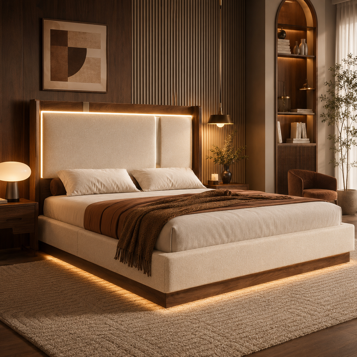 Lit coffre 180x200 cm en lin beige avec finition effet noyer