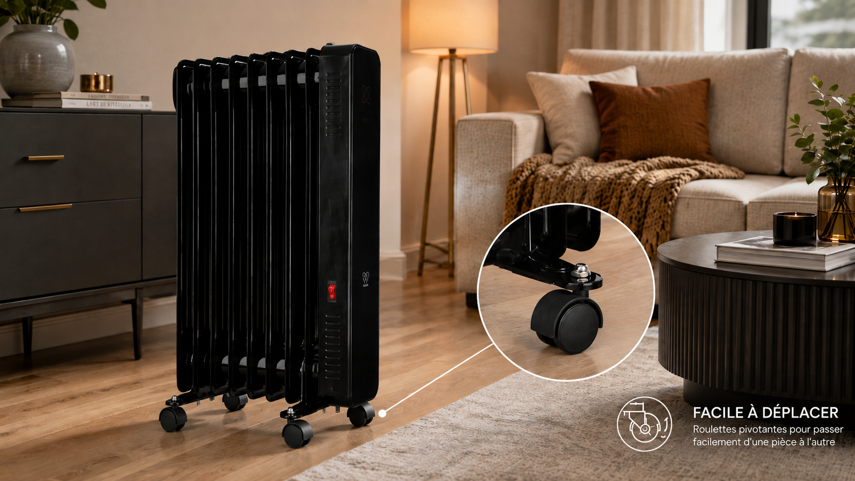 Radiateur mobile bain d'huile COSYOIL noir sur quatre roulettes