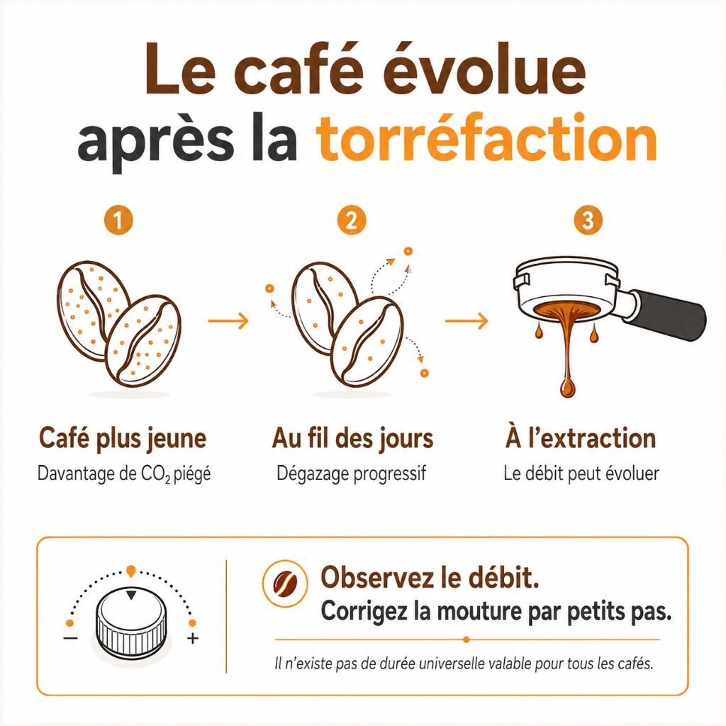 Infographie montrant l&rsquo;&eacute;volution du caf&eacute; apr&egrave;s la torr&eacute;faction, avec trois &eacute;tapes visuelles : caf&eacute; plus jeune avec davantage de gaz pi&eacute;g&eacute;s, d&eacute;gazage progressif au fil des jours, puis extraction d&rsquo;un expresso dont le d&eacute;bit peut &eacute;voluer, suivie d&rsquo;un rappel &agrave; corriger la mouture par petits pas.