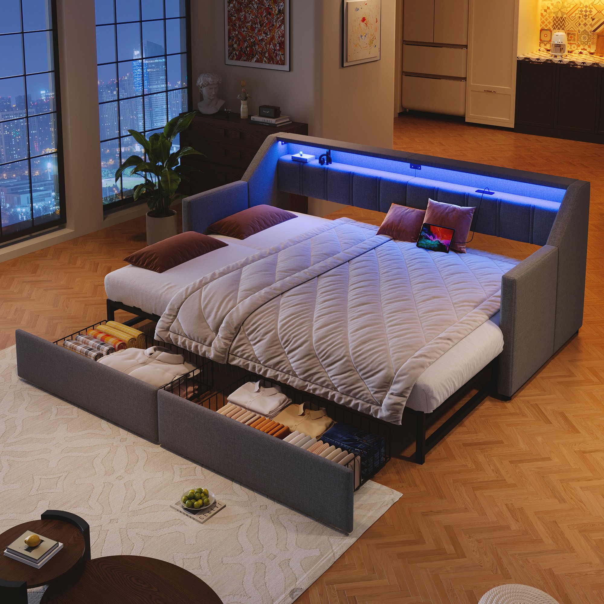 Canapé-lit en tissu de lin et MDF