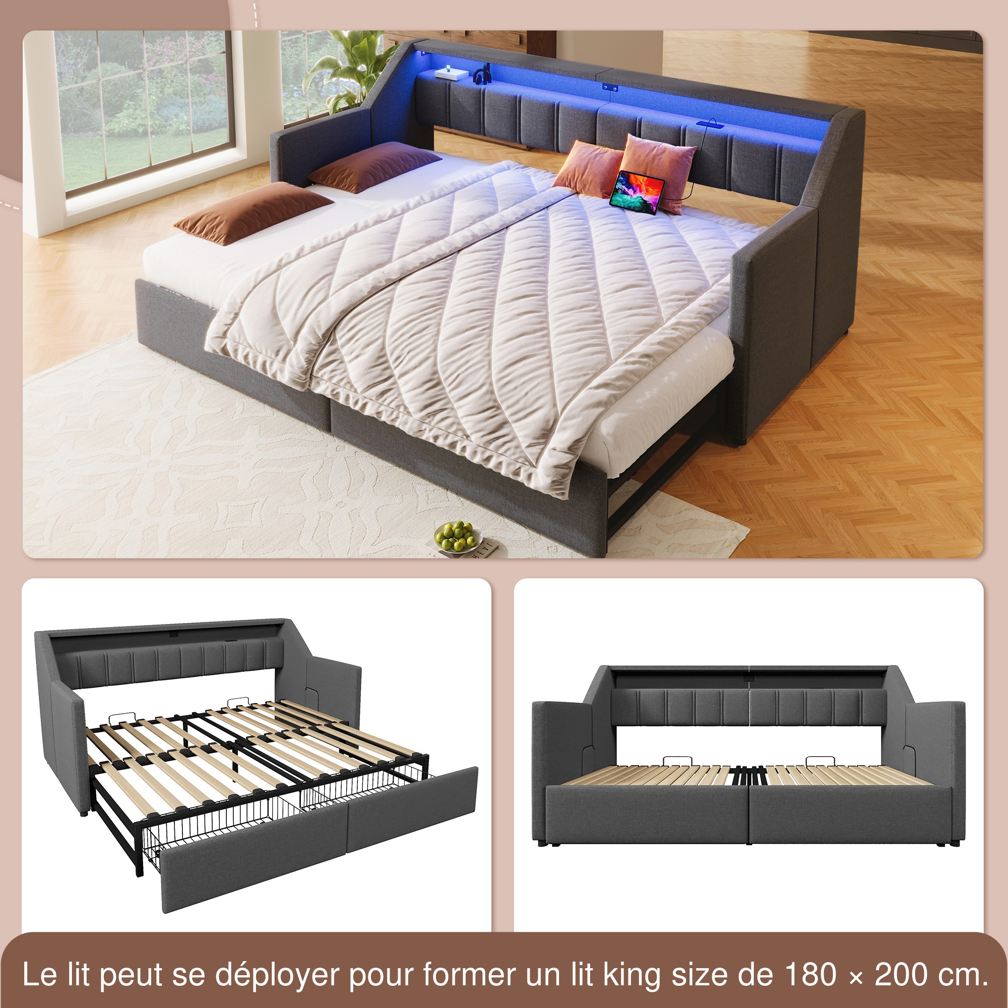 Lit gigogne extensible 180 × 200 cm