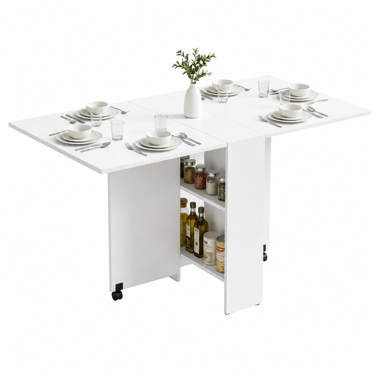 Table à manger pliante avec roulettes, rangement intégré et 2 étagères - vue 1