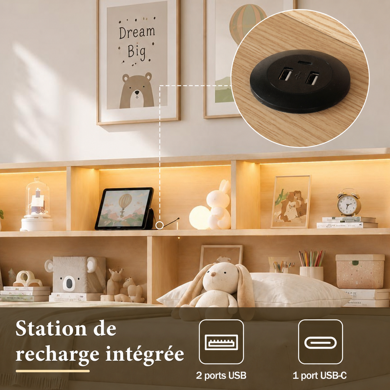 Ports de charge USB et USB-C intégrés