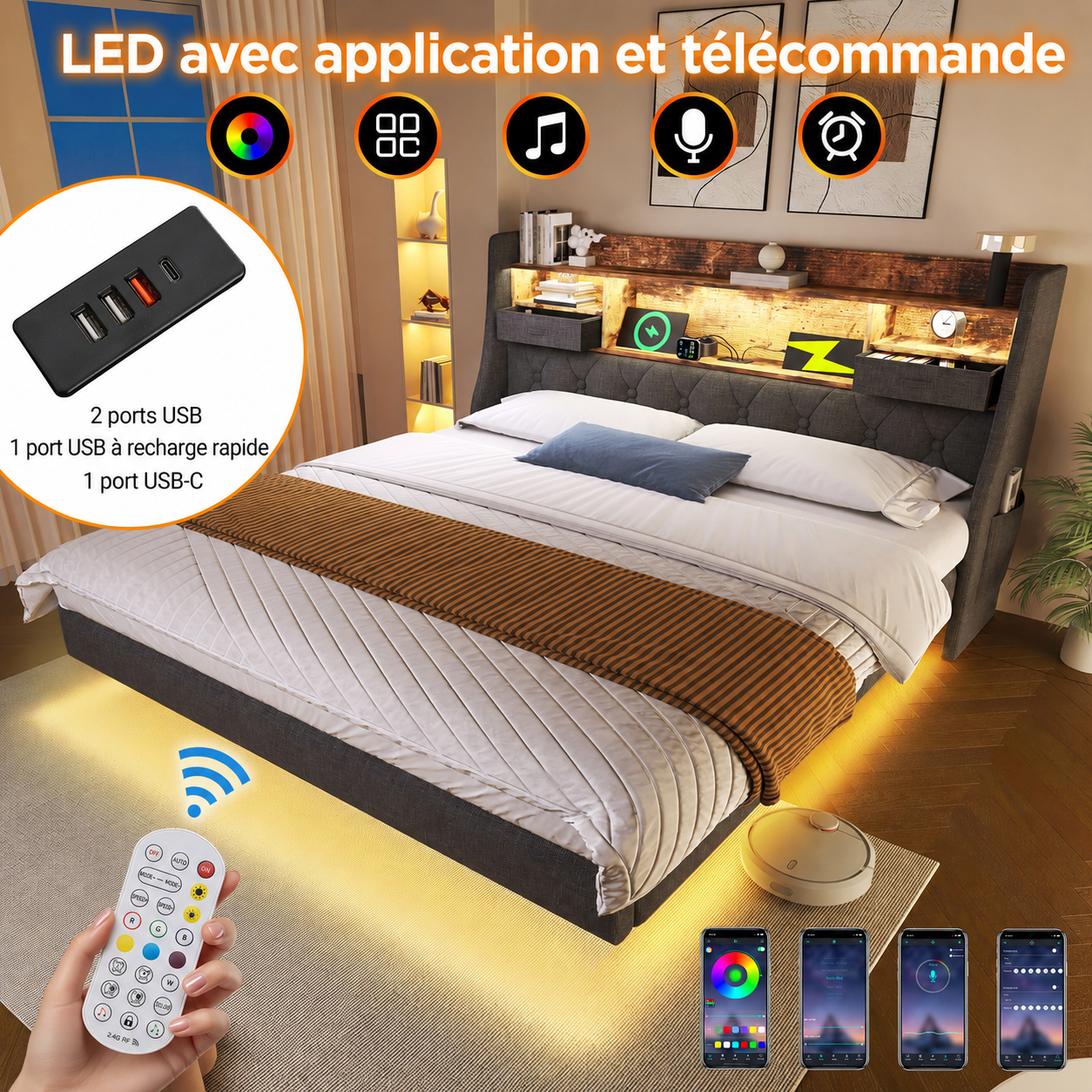 Éclairage LED multicolore et ports de charge intégrés
