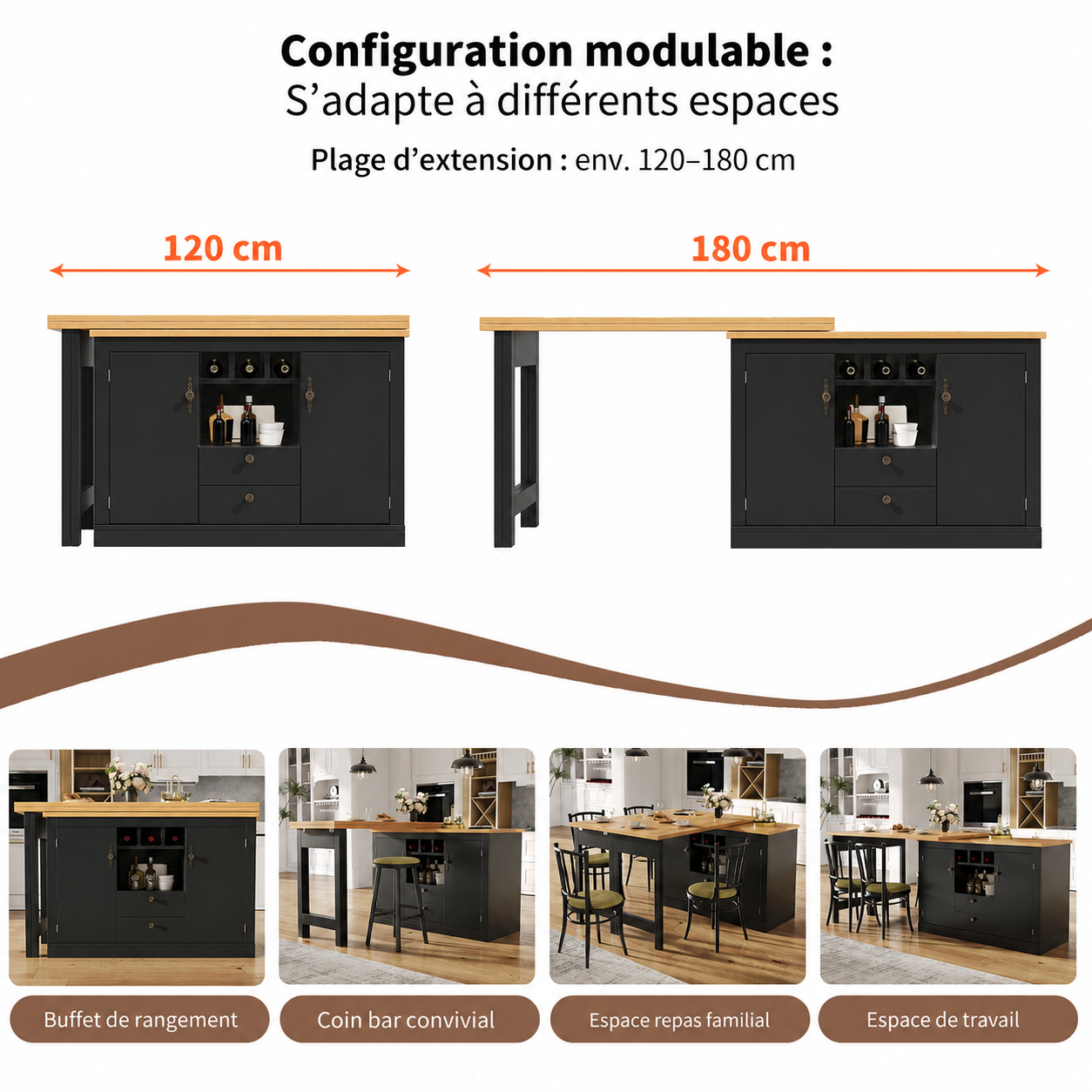 Système extensible de la table de bar 120 à 180 cm