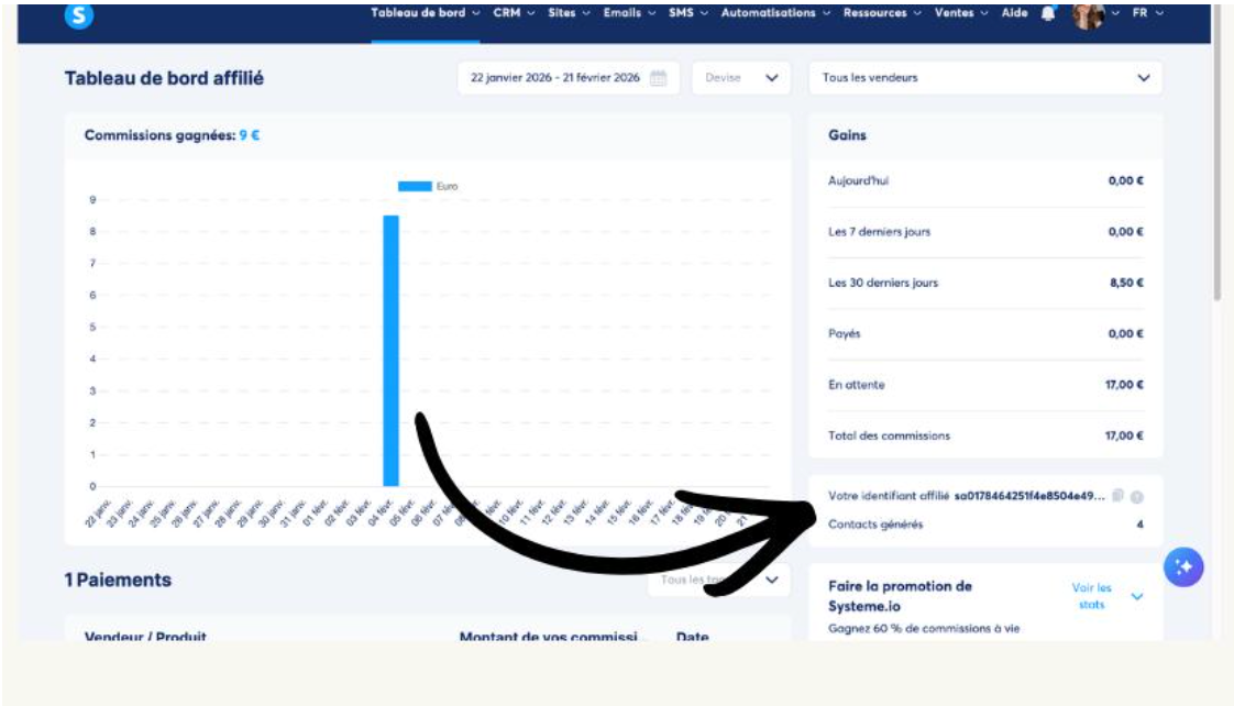 Tableau de bord affilié Systeme.io, encadré Votre identifiant affilié dans la colonne de droite