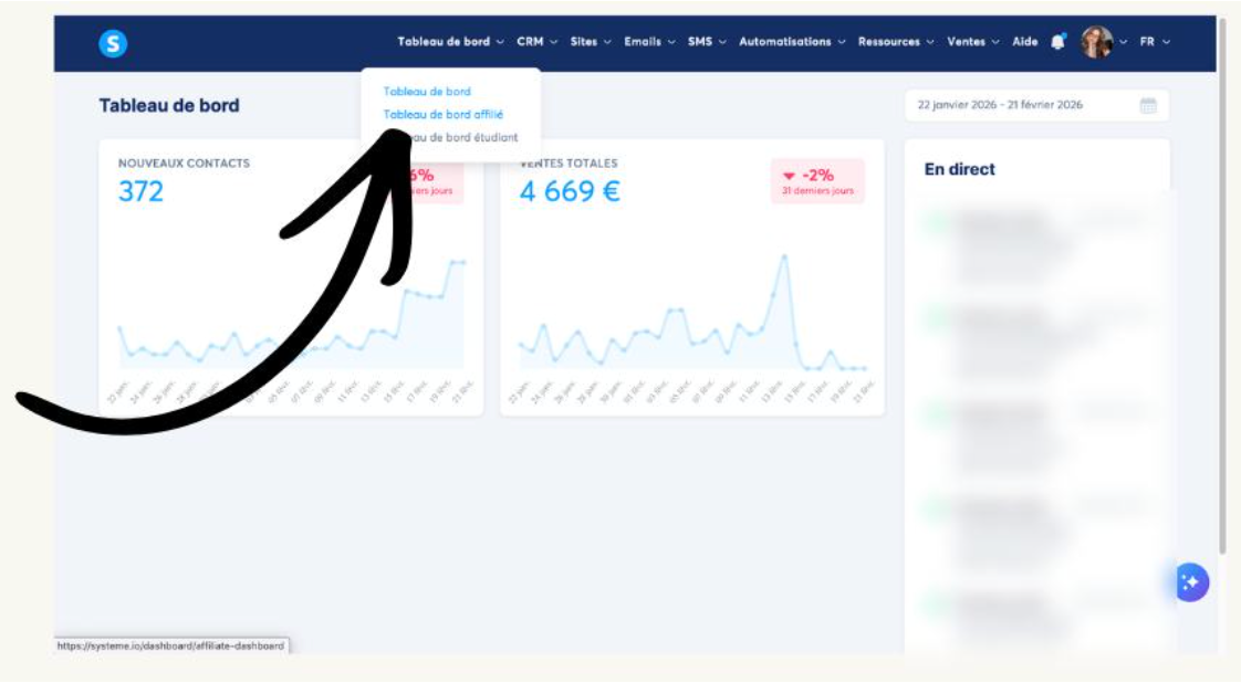 Menu Tableau de bord de Systeme.io, avec la ligne Tableau de bord affilié