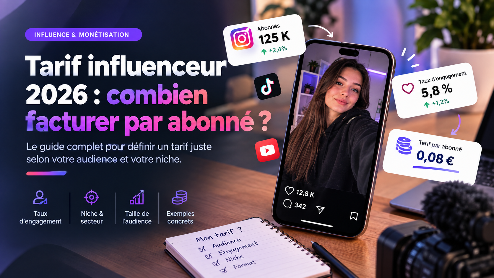 Tarif influenceur 2026 : combien facturer par abonné (grilles + calcul)